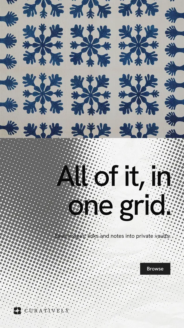 Instagram story for Curatively: "All of it, in one grid." Swiss style, right layout, light palette in grey, white.