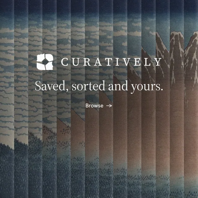 Instagram post for Curatively: "Saved, sorted and yours." Minimal luxury style, logo hero layout, dark palette in grey, black.