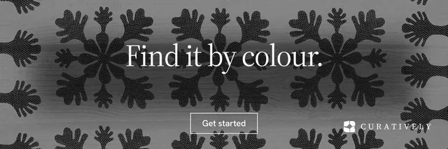 X header for Curatively: "Find it by colour." Editorial style, centred layout, dark palette in grey, black.