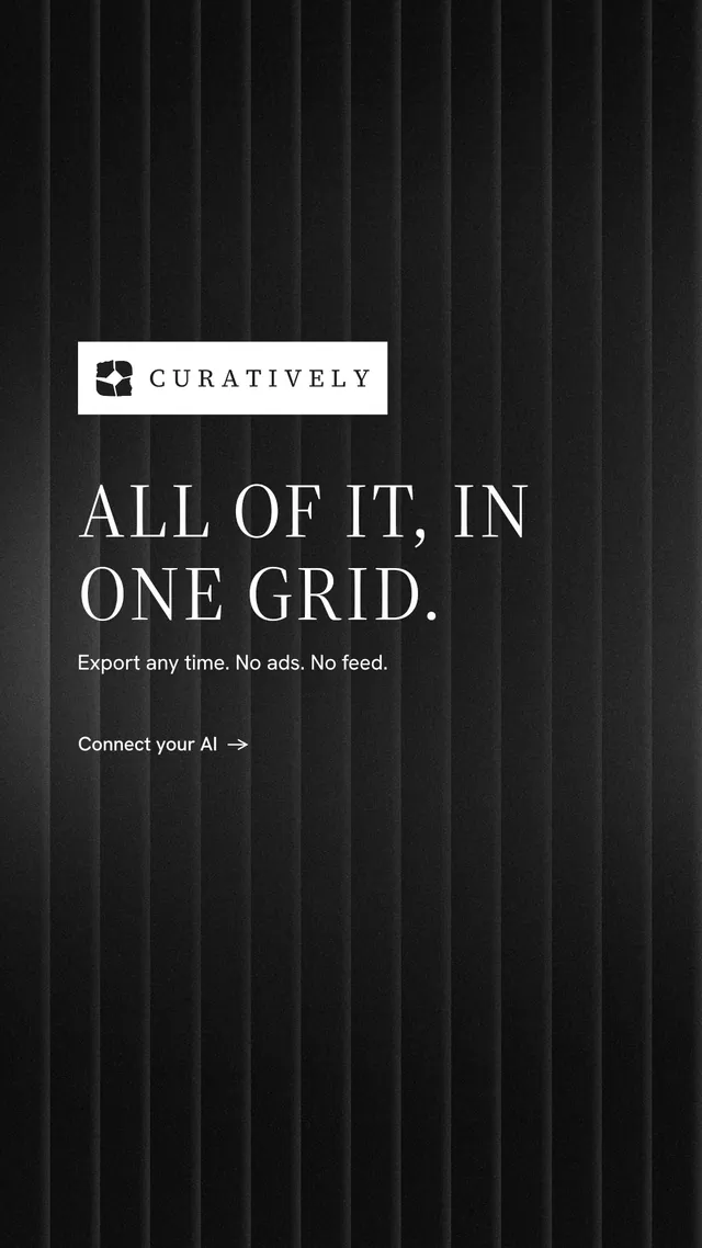 Instagram story for Curatively: "All of it, in one grid." Minimal luxury style, announce layout, dark palette in black, grey.