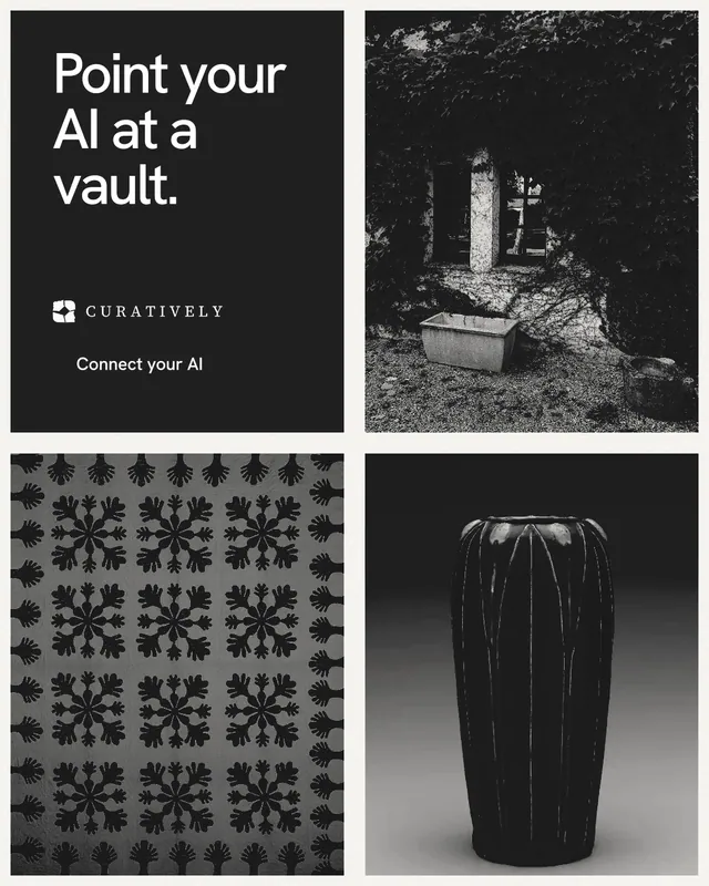 Instagram portrait post for Curatively: "Point your AI at a vault." Swiss style, collage layout, dark palette in grey, black.