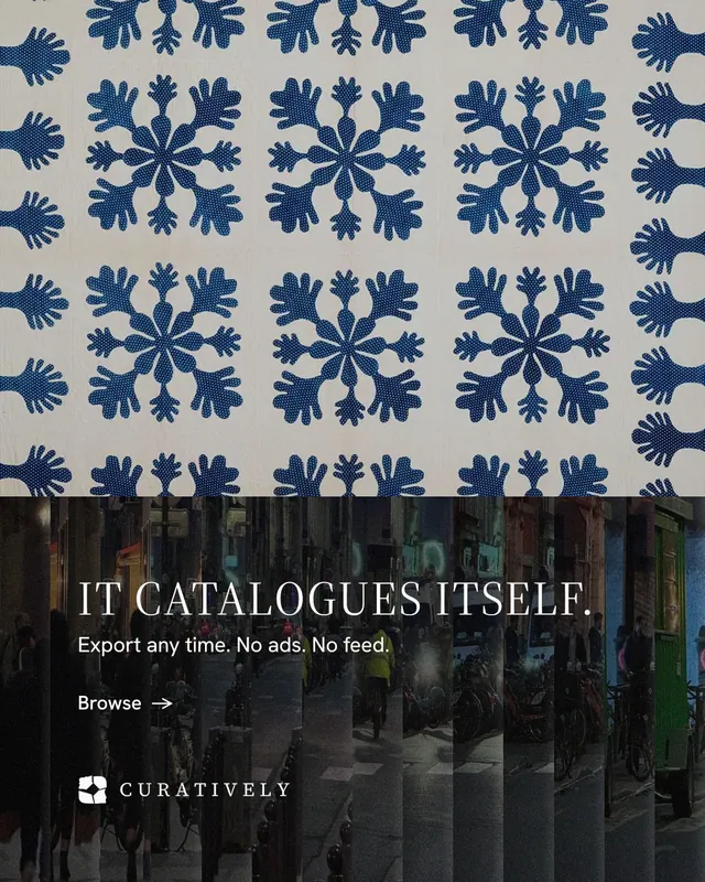 Instagram portrait post for Curatively: "It catalogues itself." Minimal luxury style, bottom layout, dark palette in black, blue, grey.
