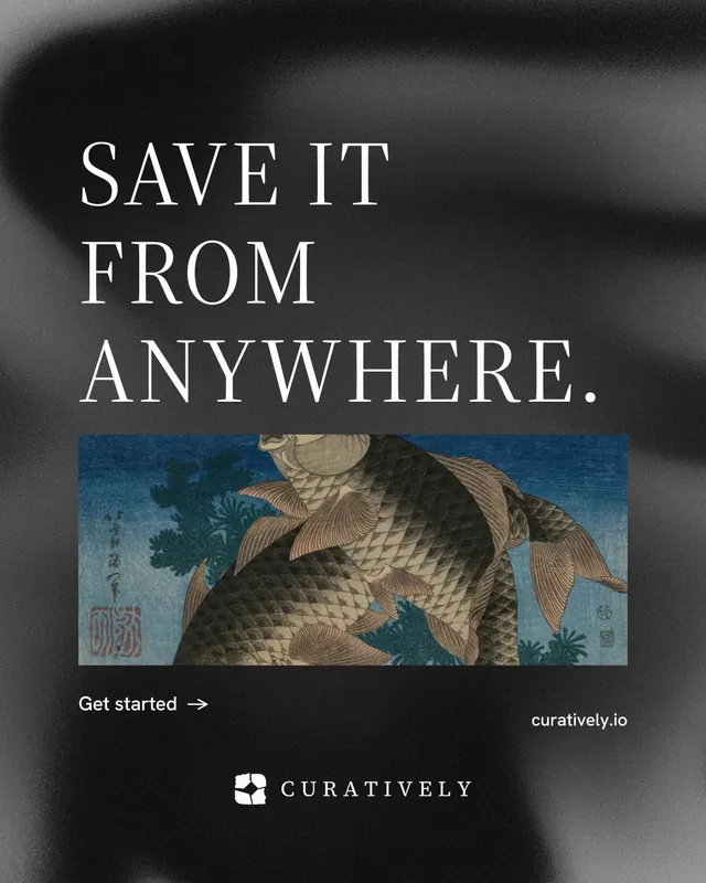 Instagram portrait post for Curatively: "Save it from anywhere." Minimal luxury style, poster layout, dark palette in black, grey.