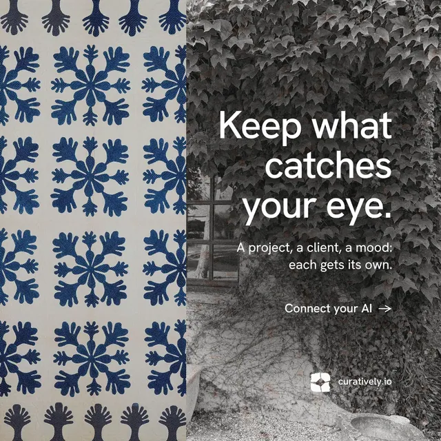 Instagram post for Curatively: "Keep what catches your eye." Minimal luxury style, right layout, dark palette in grey, black.