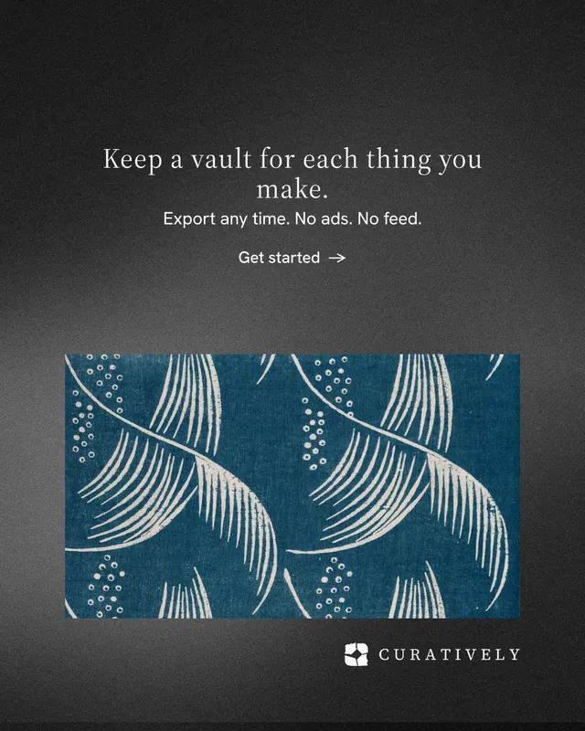 Instagram portrait post for Curatively: "Keep a vault for each thing you make." Minimal luxury style, centred layout, dark palette in black, blue, grey.