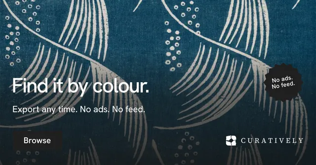 Social ad for Curatively: "Find it by colour." Swiss style, sticker layout, dark palette in black, blue, grey.