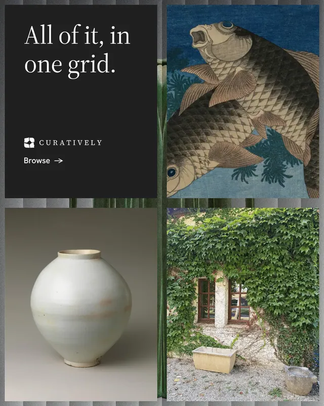 Instagram portrait post for Curatively: "All of it, in one grid." Minimal luxury style, collage layout, dark palette in grey, black.