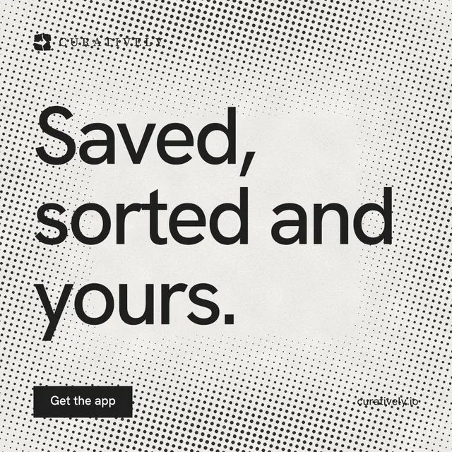 Instagram post for Curatively: "Saved, sorted and yours." Swiss style, poster layout, light palette in white, grey.