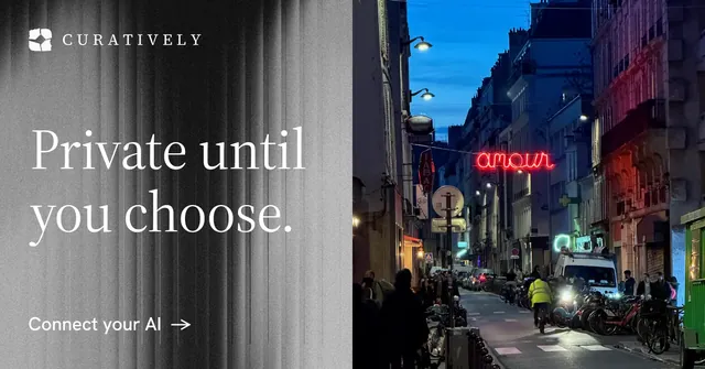 Social ad for Curatively: "Private until you choose." Minimal luxury style, bottom layout, dark palette in grey, black.