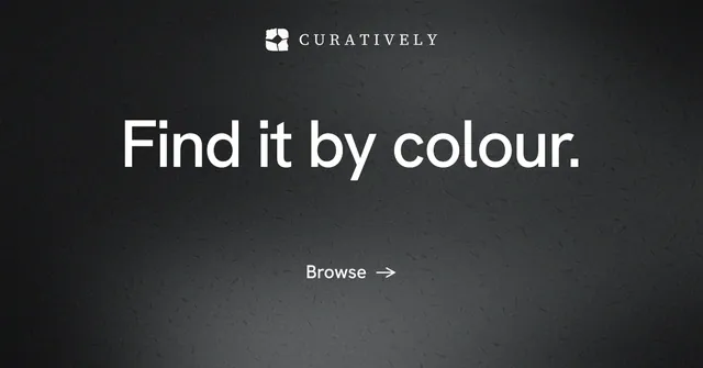 Social ad for Curatively: "Find it by colour." Minimal luxury style, centred layout, dark palette in black, grey.
