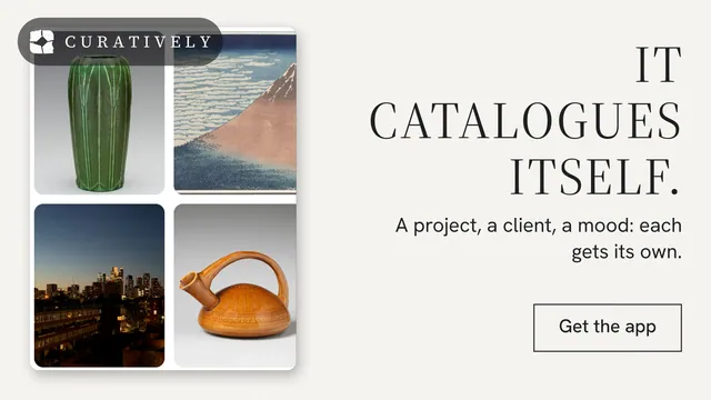 Landscape graphic for Curatively: "It catalogues itself." Editorial style, right layout, light palette in white, grey.