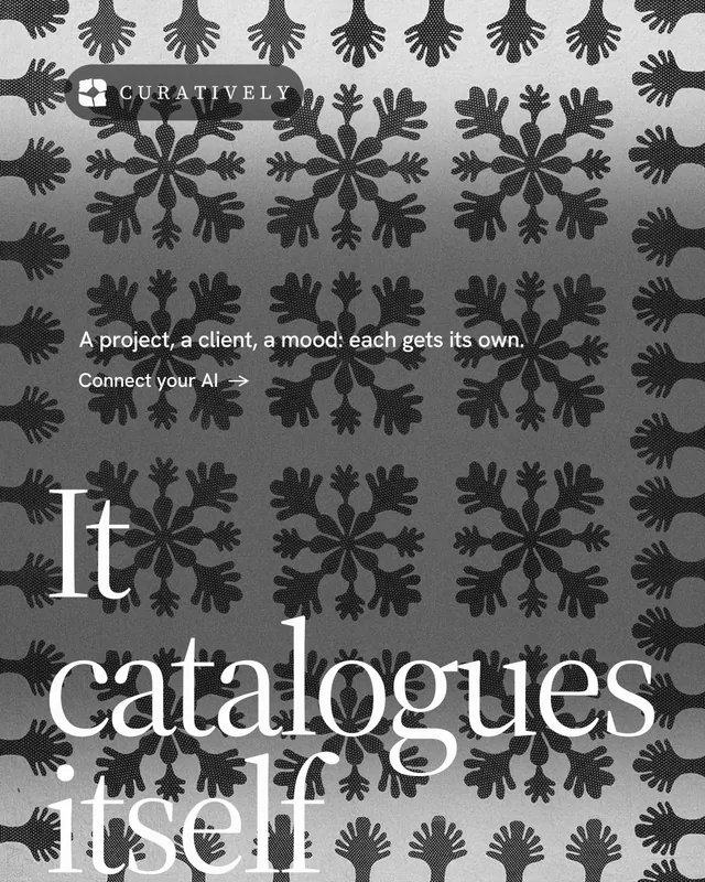 Instagram portrait post for Curatively: "Find it by colour." Minimal luxury style, oversized layout, dark palette in grey, black.
