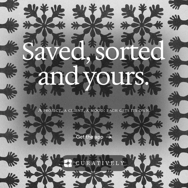 Instagram post for Curatively: "Saved, sorted and yours." Minimal luxury style, smallcaps layout, light palette in grey, black.