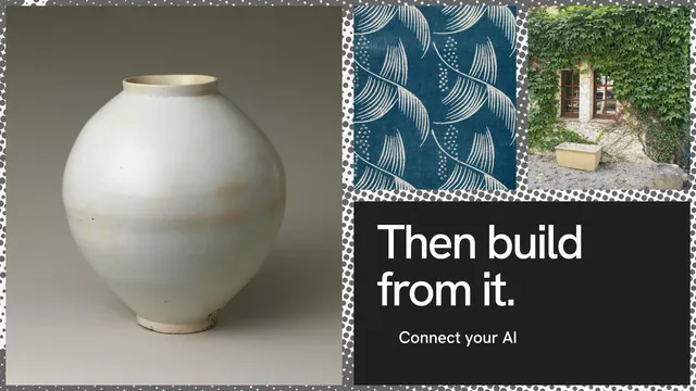 Landscape graphic for Curatively: "Then build from it." Swiss style, collage layout, light palette in grey, black.