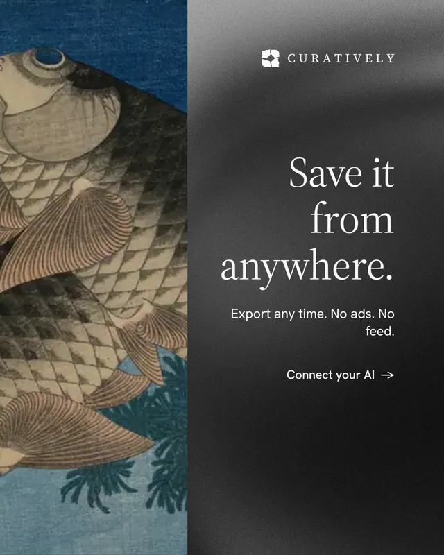 Instagram portrait post for Curatively: "Save it from anywhere." Minimal luxury style, right layout, dark palette in grey, black, blue.