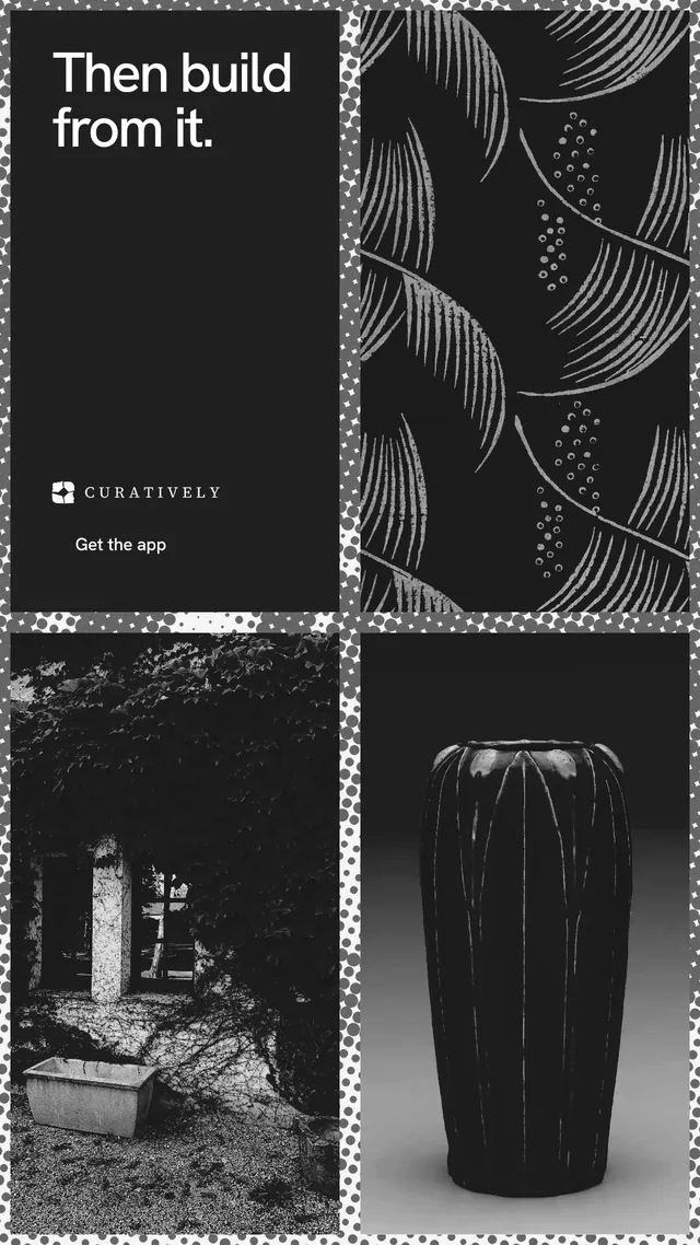 Instagram story for Curatively: "Then build from it." Swiss style, collage layout, dark palette in black, grey.