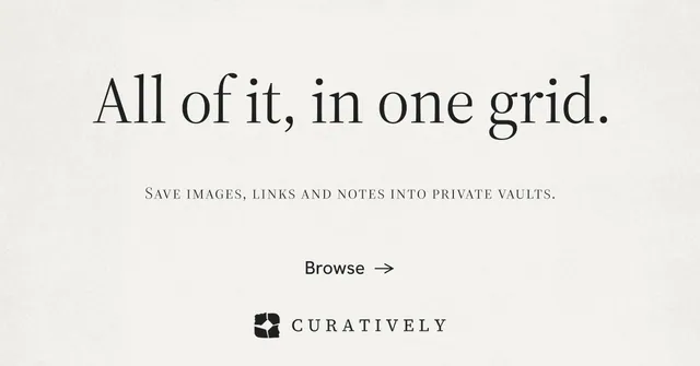 Social ad for Curatively: "All of it, in one grid." Minimal luxury style, smallcaps layout, light palette in white.