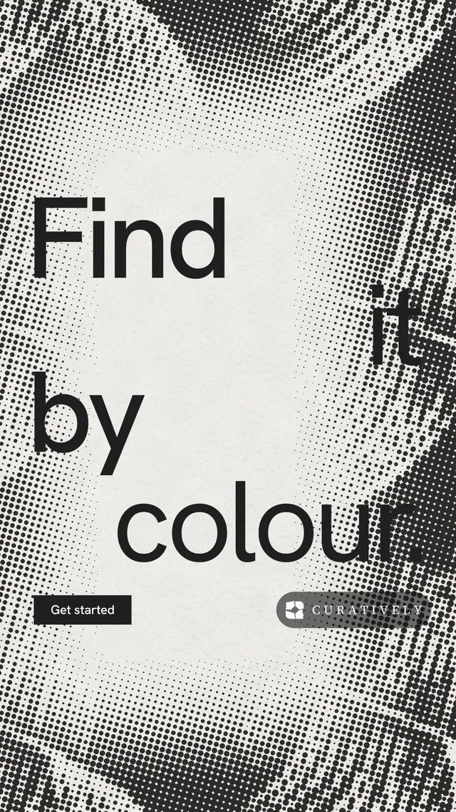 Instagram story for Curatively: "Find it by colour." Swiss style, stacked layout, light palette in grey, white.