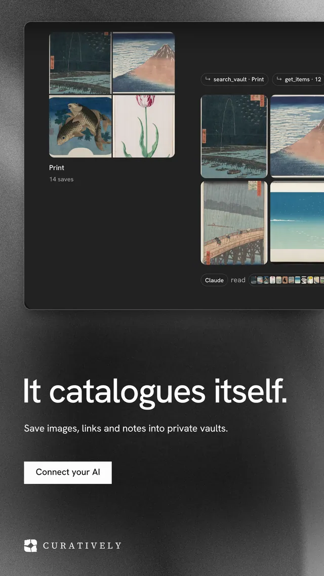 Instagram story for Curatively: "It catalogues itself." Swiss style, bottom layout, dark palette in grey, black.