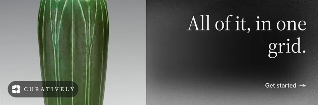 X header for Curatively: "All of it, in one grid." Minimal luxury style, right layout, dark palette in grey, black.