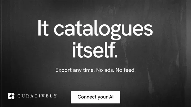 Landscape graphic for Curatively: "It catalogues itself." Swiss style, centred layout, dark palette in black, grey.