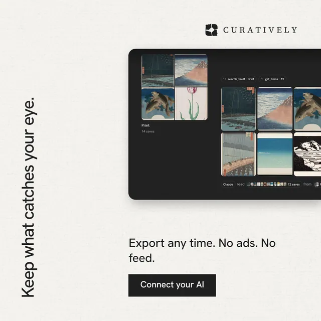 Instagram post for Curatively: "Keep what catches your eye." Swiss style, vertical layout, light palette in white, black, grey.