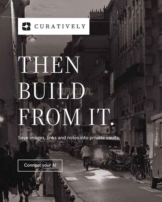 Instagram portrait post for Curatively: "Then build from it." Editorial style, announce layout, dark palette in black, grey.
