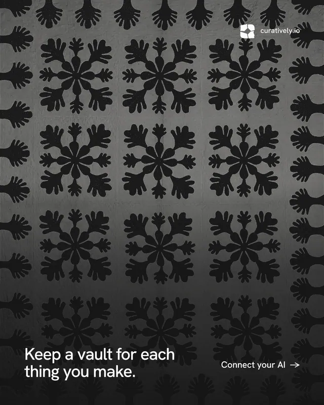 Instagram portrait post for Curatively: "Keep a vault for each thing you make." Swiss style, image led layout, dark palette in black, grey.
