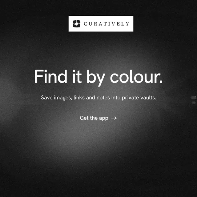 Instagram post for Curatively: "Find it by colour." Minimal luxury style, centred layout, dark palette in black, grey.
