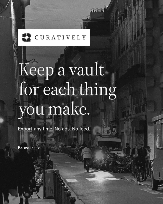 Instagram portrait post for Curatively: "Keep a vault for each thing you make." Minimal luxury style, announce layout, dark palette in grey, black.