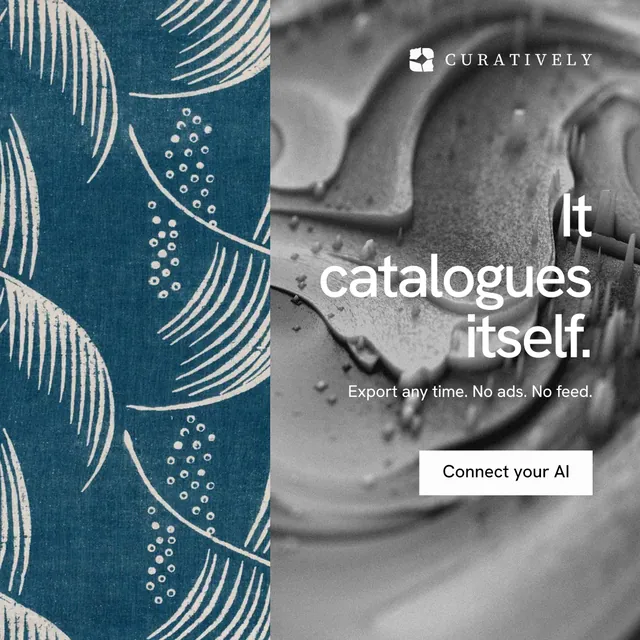 Instagram post for Curatively: "It catalogues itself." Swiss style, right layout, light palette in grey, blue.