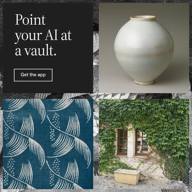 Instagram post for Curatively: "Point your AI at a vault." Editorial style, collage layout, dark palette in grey, black.