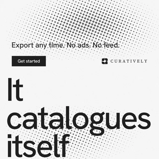 Instagram post for Curatively: "Keep a vault for each thing you make." Swiss style, oversized layout, light palette in white, grey.