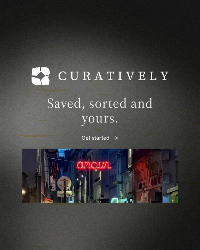 Instagram portrait post for Curatively: "Saved, sorted and yours." Minimal luxury style, logo hero layout, dark palette in black, grey.