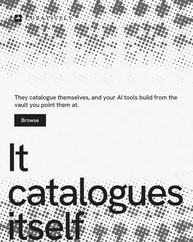 Instagram portrait post for Curatively: "All of it, in one grid." Swiss style, oversized layout, light palette in white, grey.