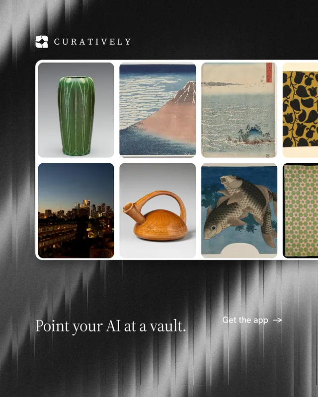 Instagram portrait post for Curatively: "Point your AI at a vault." Minimal luxury style, image led layout, dark palette in black, grey, white.