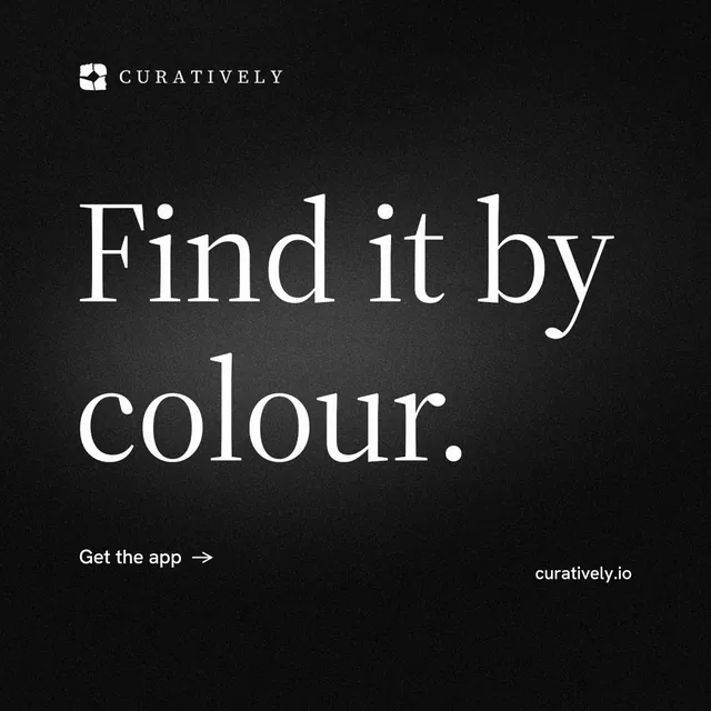 Instagram post for Curatively: "Find it by colour." Minimal luxury style, poster layout, dark palette in black, grey.