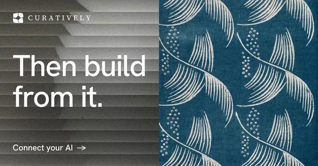 Social ad for Curatively: "Then build from it." Minimal luxury style, bottom layout, dark palette in grey, blue.