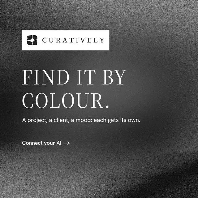 Instagram post for Curatively: "Find it by colour." Minimal luxury style, announce layout, dark palette in grey, black.