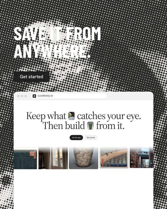 Instagram portrait post for Curatively: "Save it from anywhere." Retro print style, browser layout, light palette in black, white, grey.
