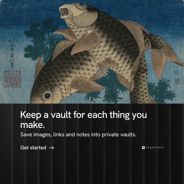 Instagram post for Curatively: "Keep a vault for each thing you make." Minimal luxury style, bottom layout, dark palette in black, blue, grey.