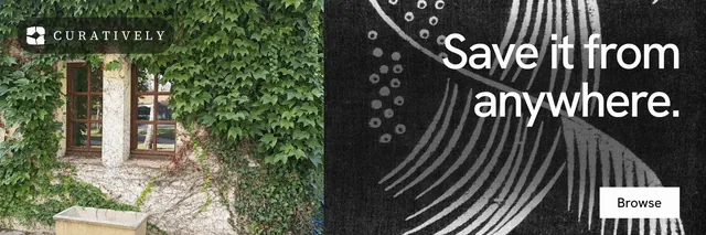 X header for Curatively: "Save it from anywhere." Swiss style, right layout, dark palette in black, grey.