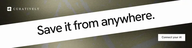LinkedIn banner for Curatively: "Save it from anywhere." Swiss style, diagonal layout, light palette in white, grey, black.