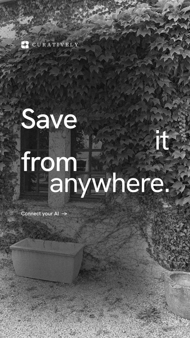 Instagram story for Curatively: "Save it from anywhere." Minimal luxury style, stacked layout, dark palette in grey, black.