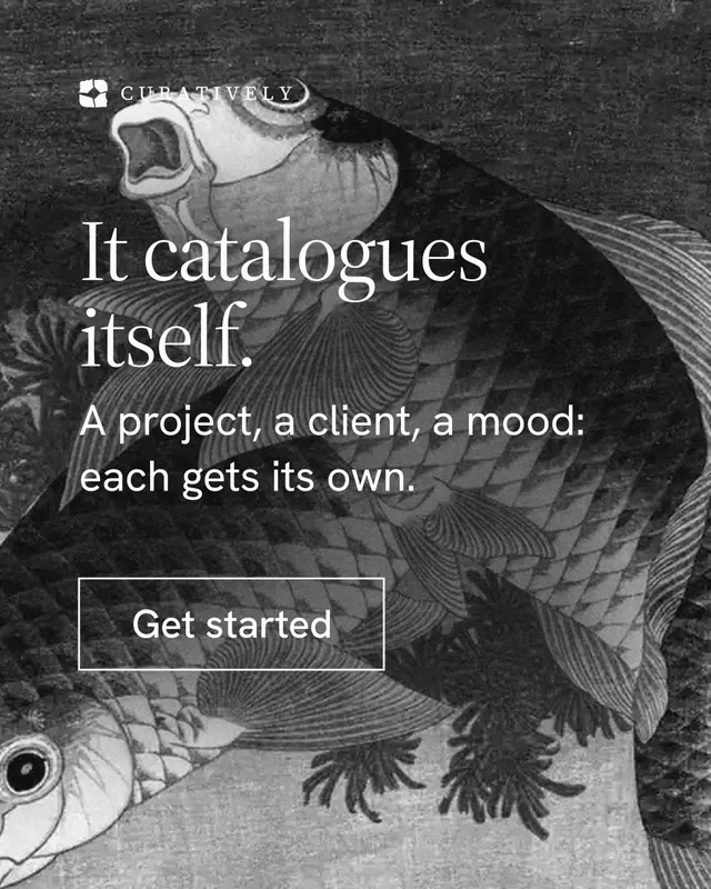 Instagram portrait post for Curatively: "It catalogues itself." Editorial style, skeleton layout, dark palette in grey, black.