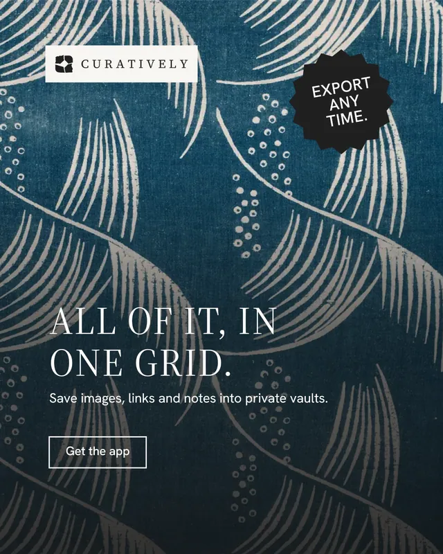 Instagram portrait post for Curatively: "All of it, in one grid." Editorial style, sticker layout, dark palette in blue, grey.