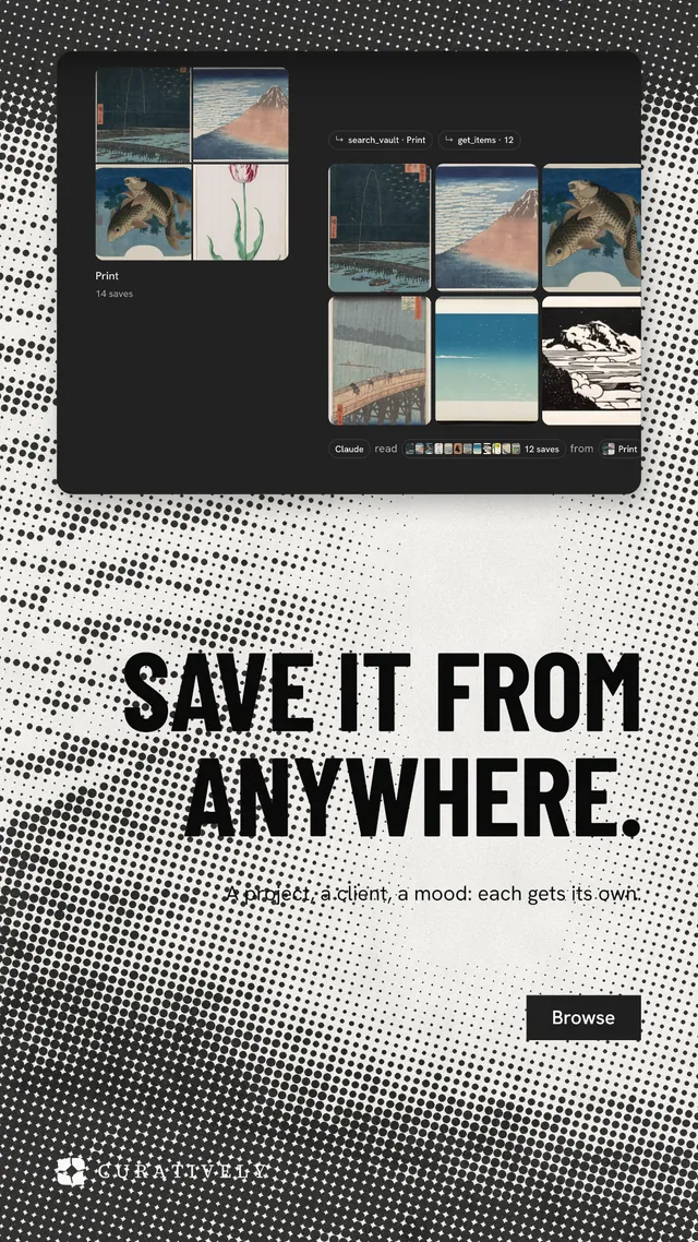 Instagram story for Curatively: "Save it from anywhere." Retro print style, right layout, light palette in grey, black, white.