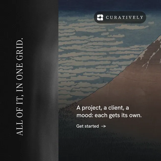 Instagram post for Curatively: "All of it, in one grid." Minimal luxury style, vertical layout, dark palette in black, grey.