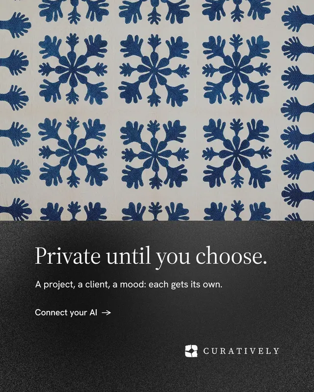 Instagram portrait post for Curatively: "Private until you choose." Minimal luxury style, bottom layout, dark palette in grey, black, blue.