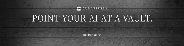 LinkedIn banner for Curatively: "Point your AI at a vault." Minimal luxury style, centred layout, dark palette in black, grey.